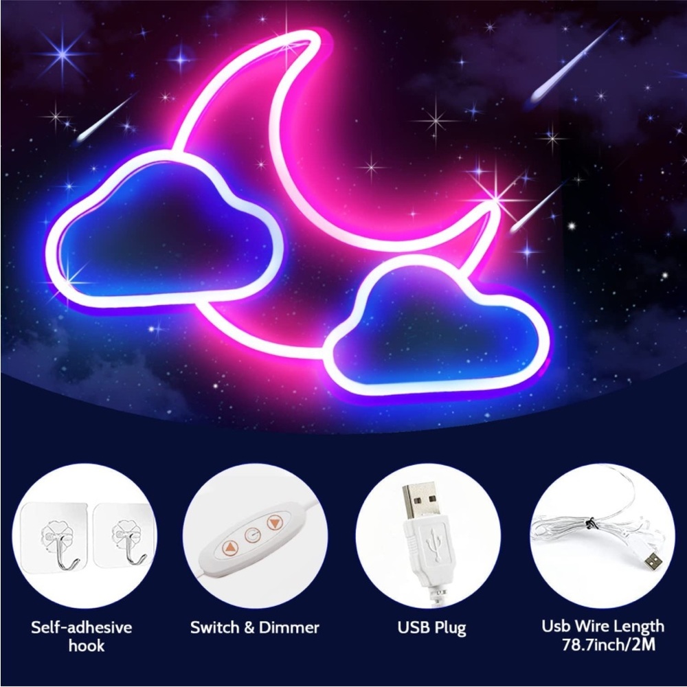 Neon Moon Cloud Space Galaxy Star Blue Pink LED Light Bedroom Gift Wall Decor - Picture 3 of 5